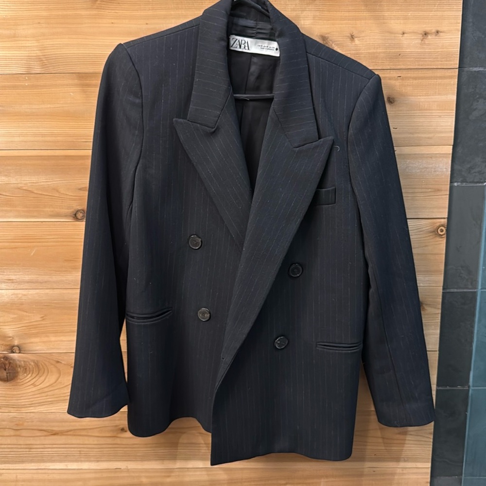Zara Navy Pinstripe Double-Breasted Blazer